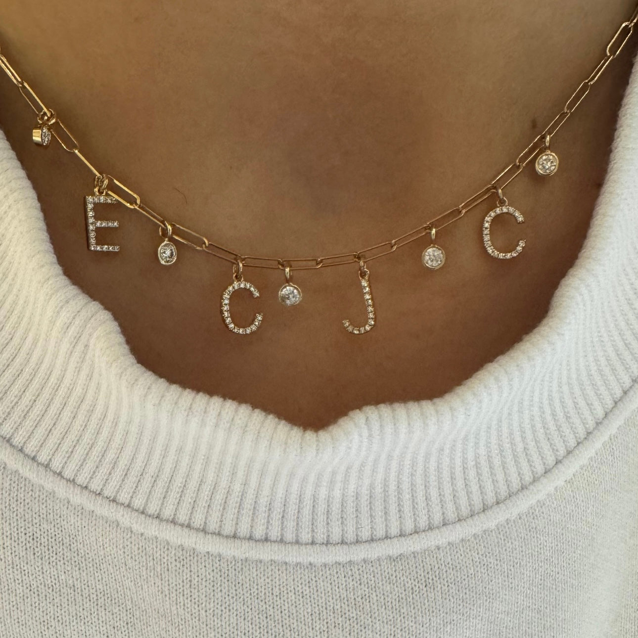 Personalized Diamond Bezel & Initial On Baby Paperclip Necklace
