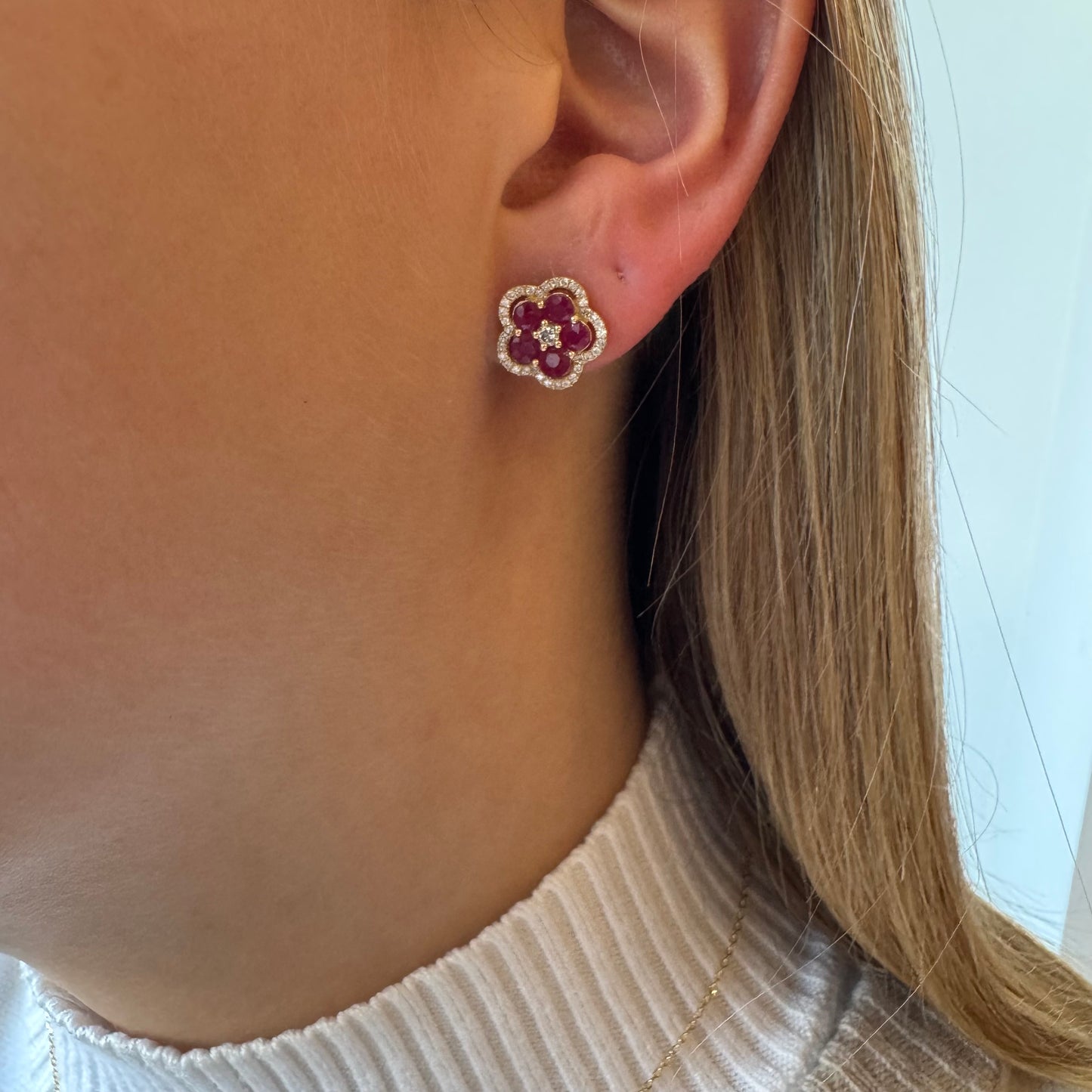 Small Ruby and Diamond Flower Studs