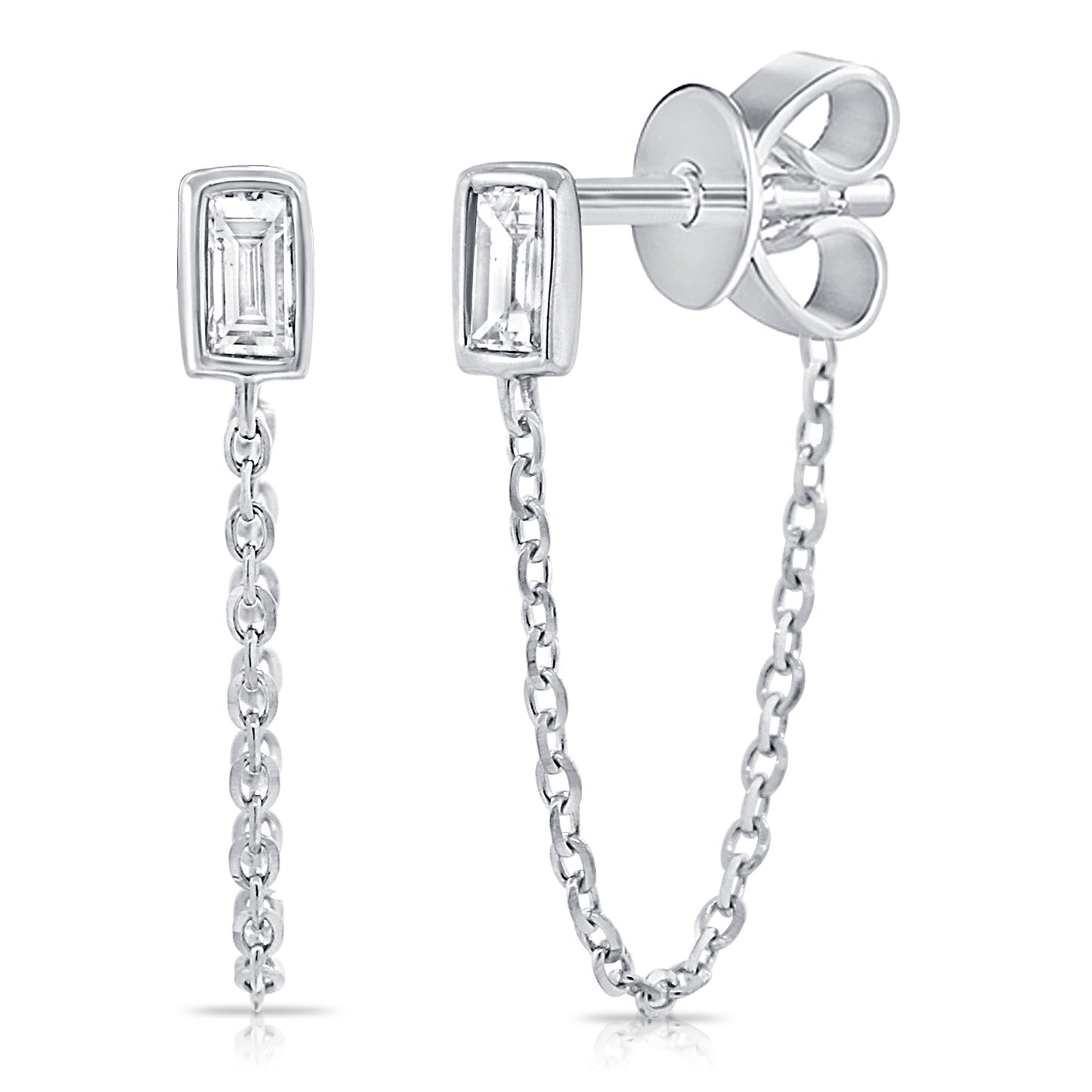 Dainty Bezel Baguette Diamond Earring with Chain