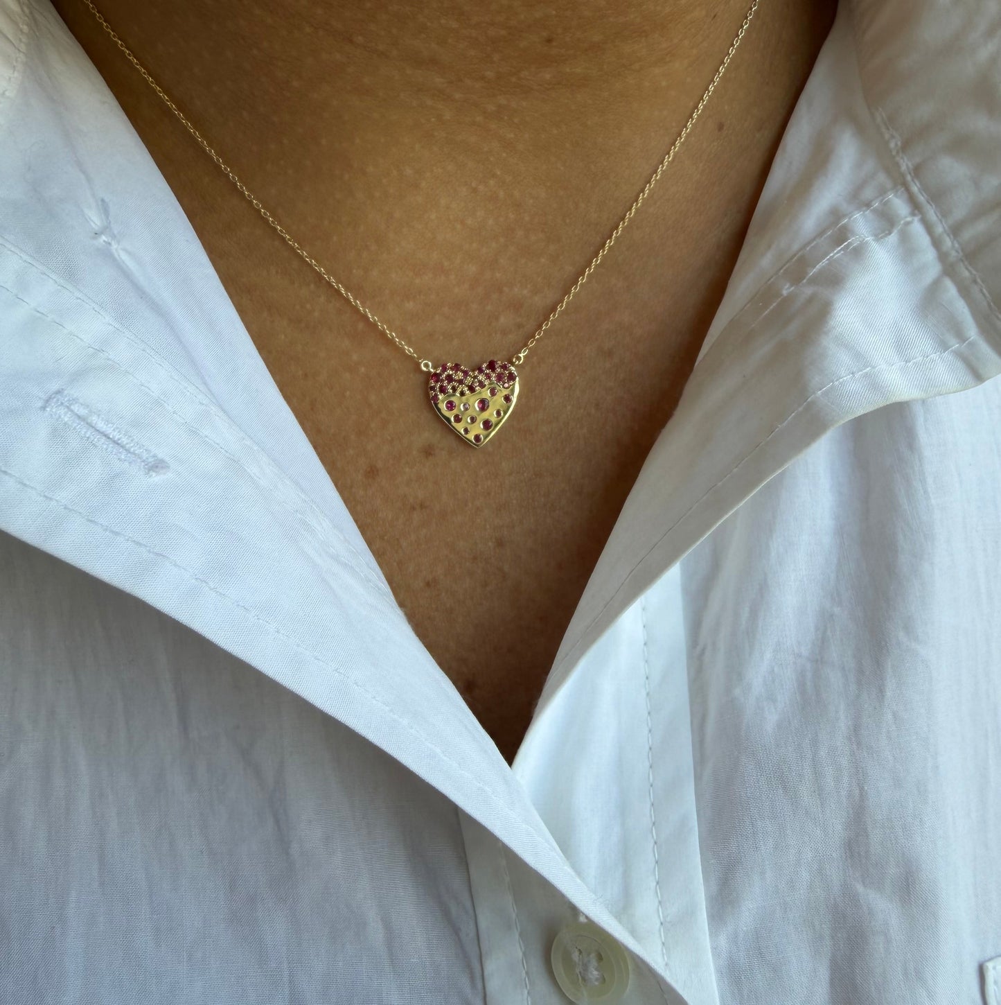 Gold Heart Necklace With Scattered Rubies