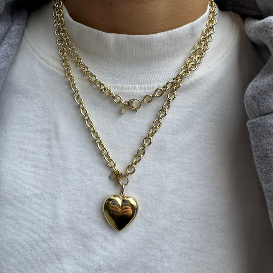 Circle Link Double Chain Necklace With Puffed Heart Charm