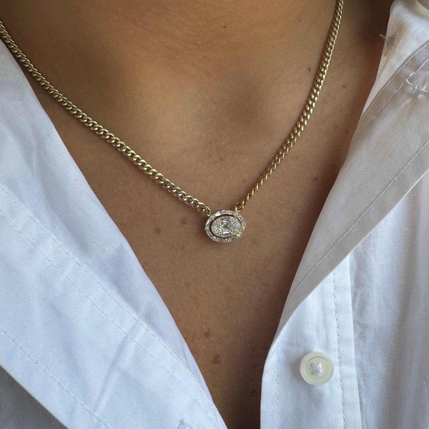 Diamond & Baguette Oval Halo Cuban Chain Necklace