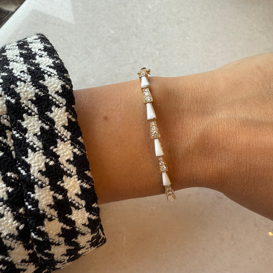 Geometric White Enamel & Pave Diamond Bangle