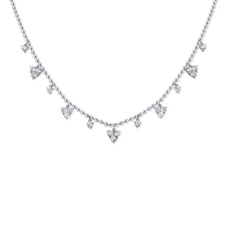 Ball Chain Necklace W Alternating Floating Diamonds & Diamond Triangles