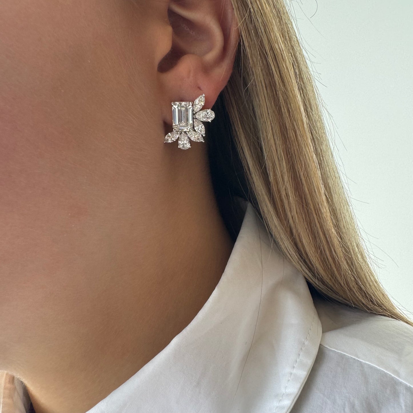 Lab Emerald With Marque & Pear Diamond Cluster Earrings