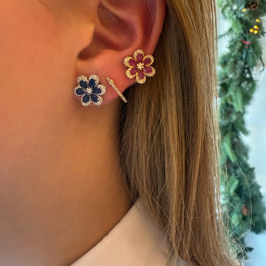 Blue Sapphire and Diamond Flower Studs