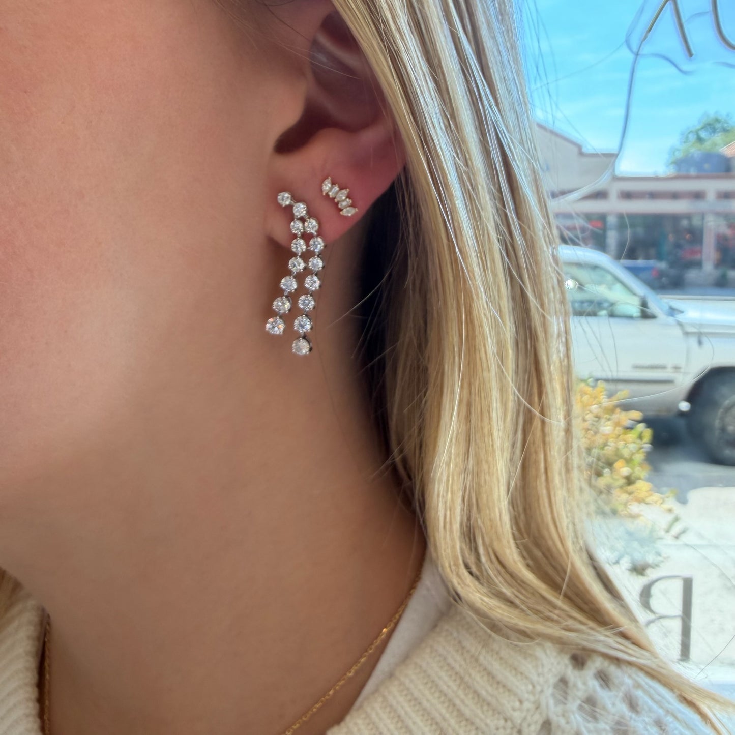 Lab Diamond Round Double Row Dangle Earrings