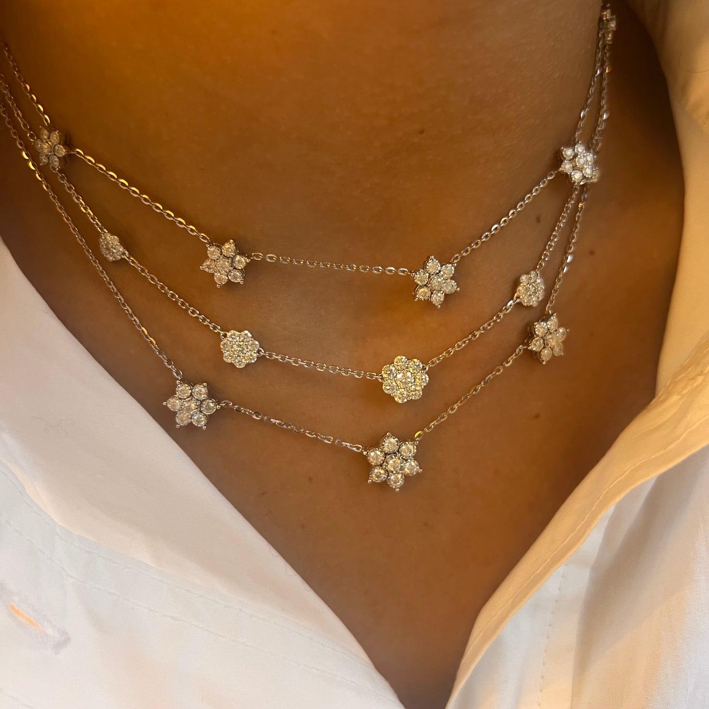 3 Graduated Diamond Flowers Necklace