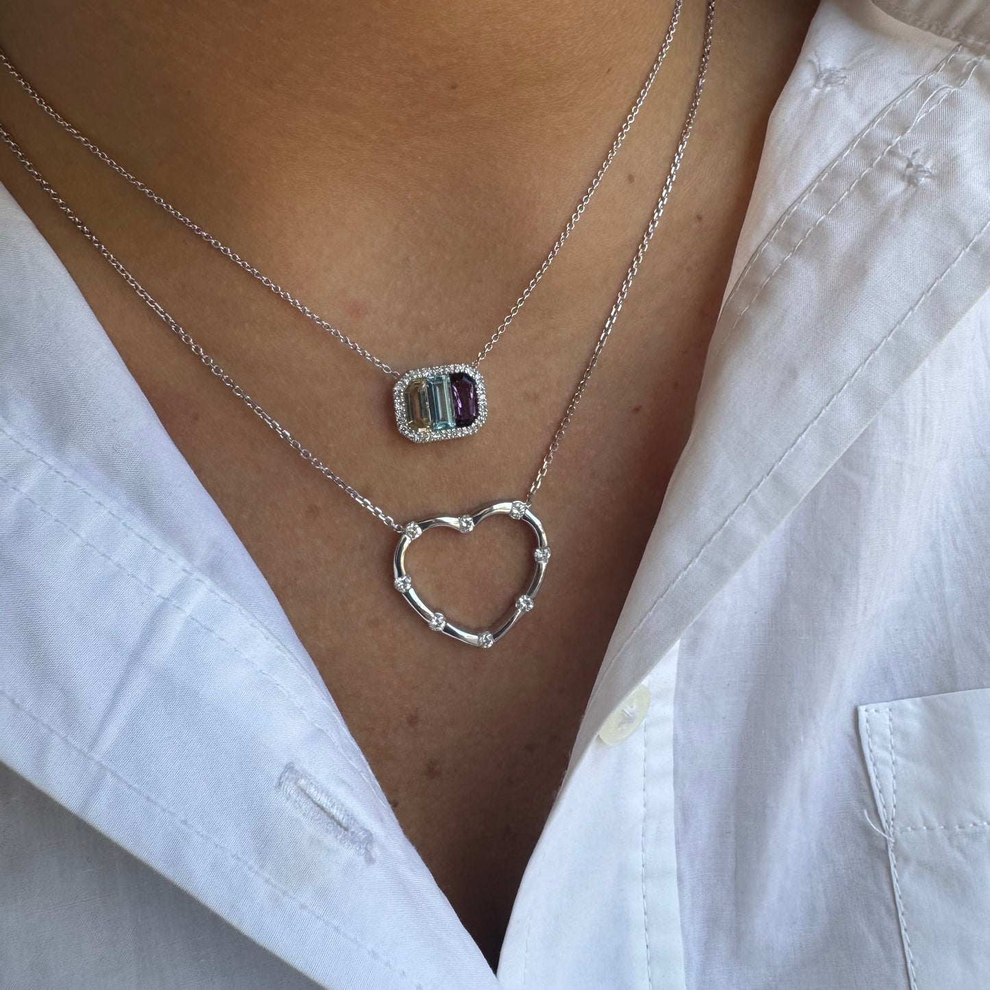 Gold & 8 Station Diamond Open Heart Necklace