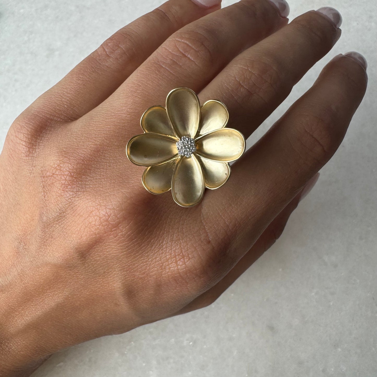 Large Gold Flower Ring With Diamond Center