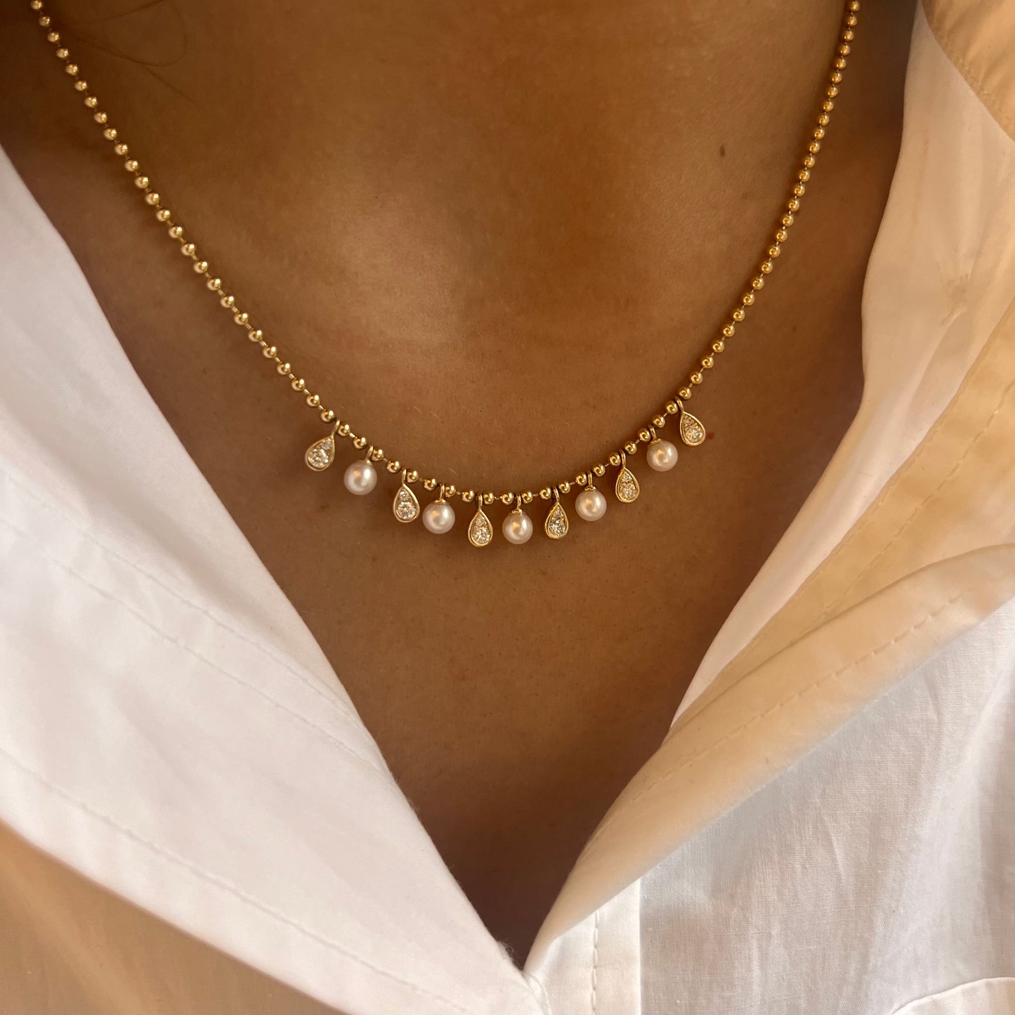 Ball Necklace with Hanging Pearls & Pear Diamonds