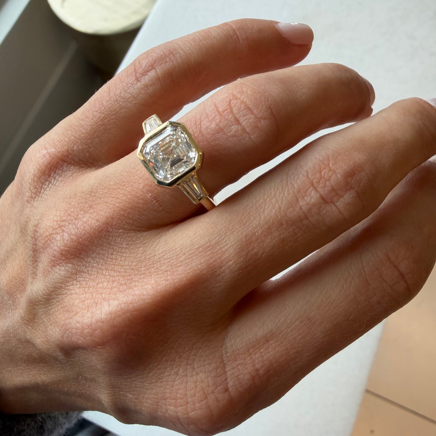Bezel Asscher & Tapered Baguettes Engagement Ring