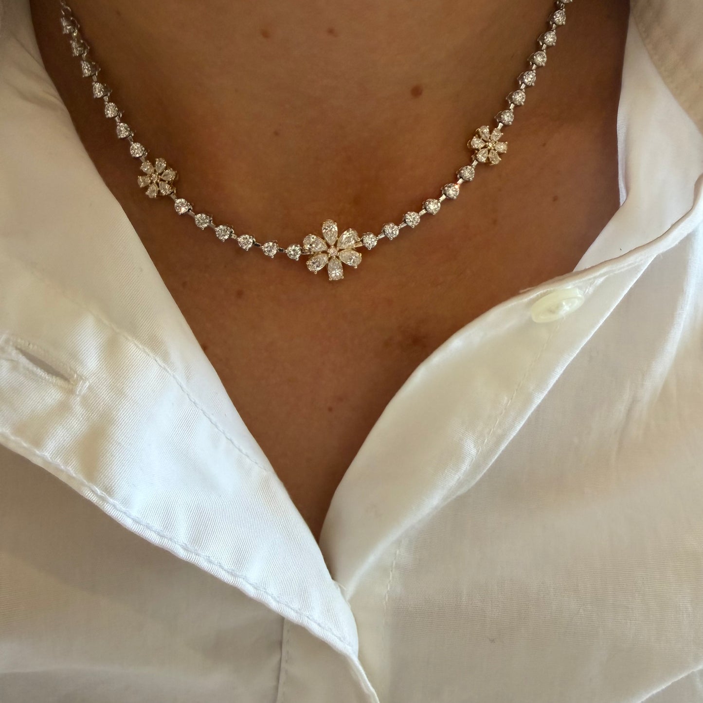 Lab Partway Two-Tone & 3 Station Flower Necklace