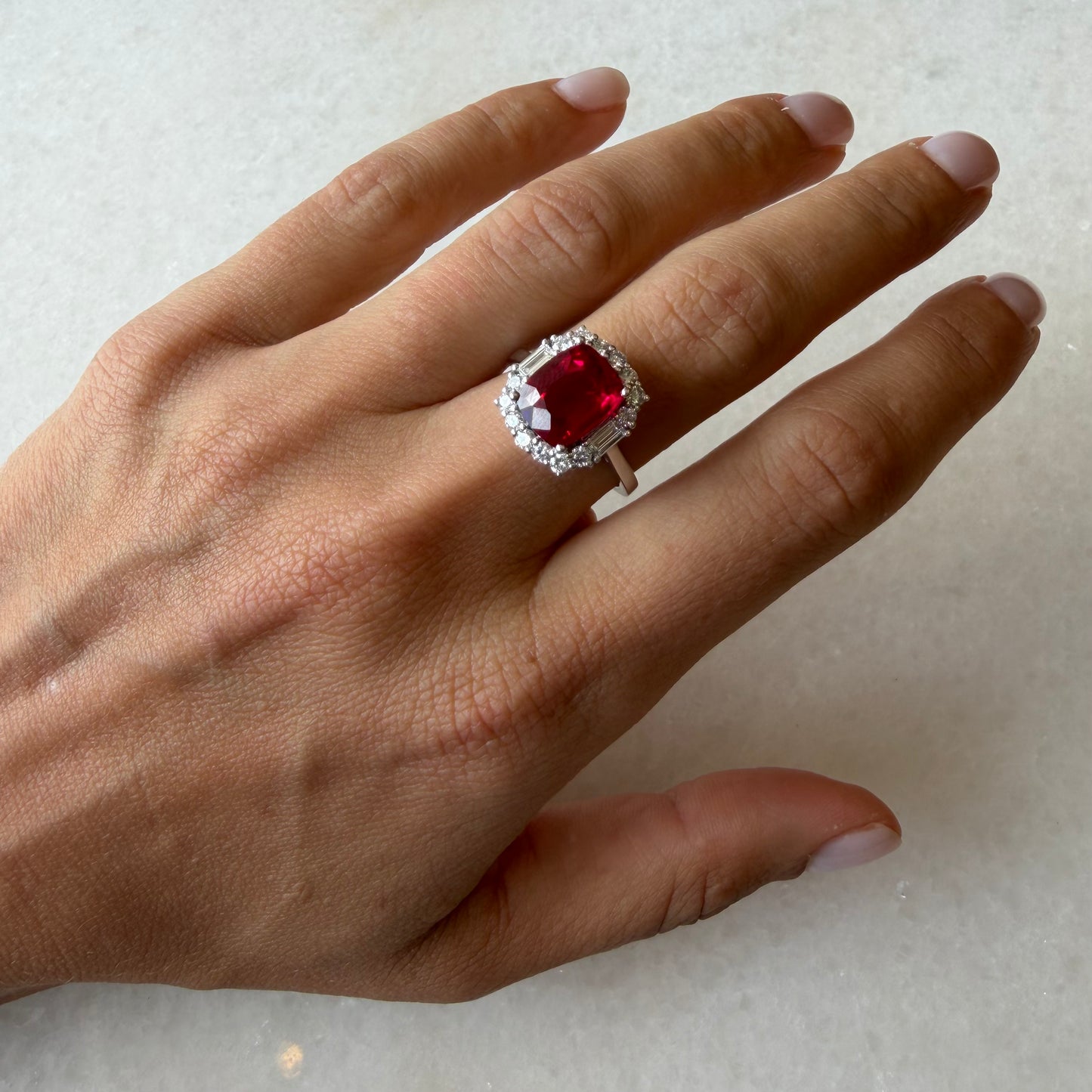 Ruby Cushion With Lab Diamond Halo Ring