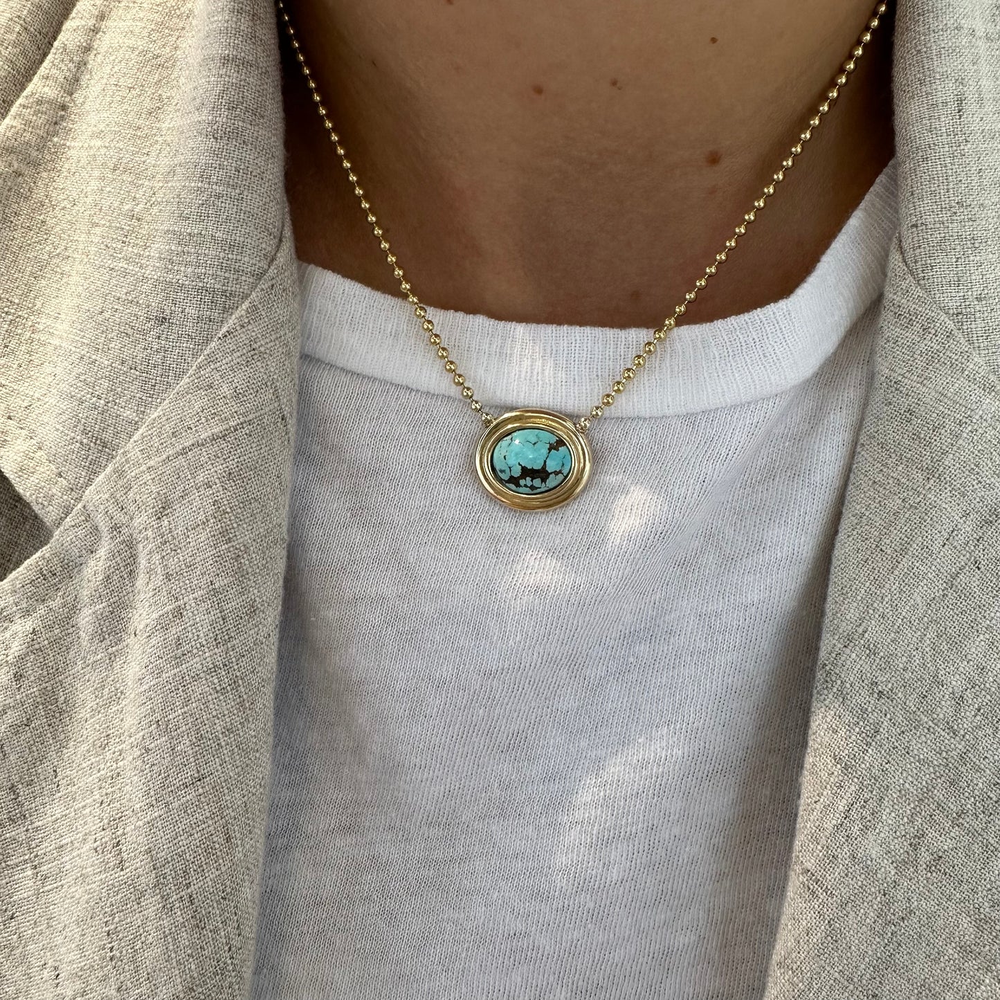 Double Bezel Oval Turquoise on Medium Ball Chain Necklace