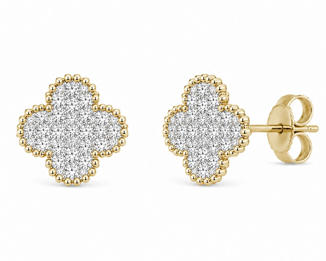 Diamond Clover Earrings With Beaded Border