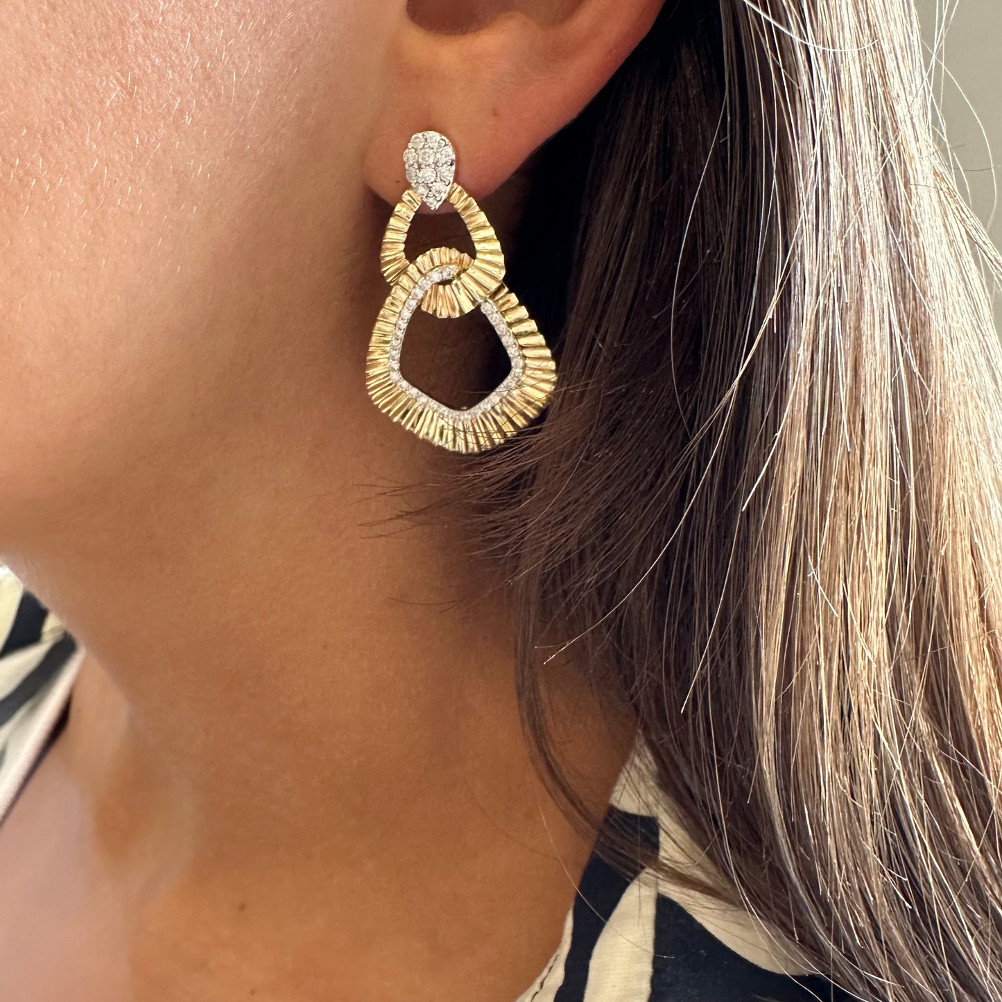 Ribbed Gold & Diamond Double Link Earrings