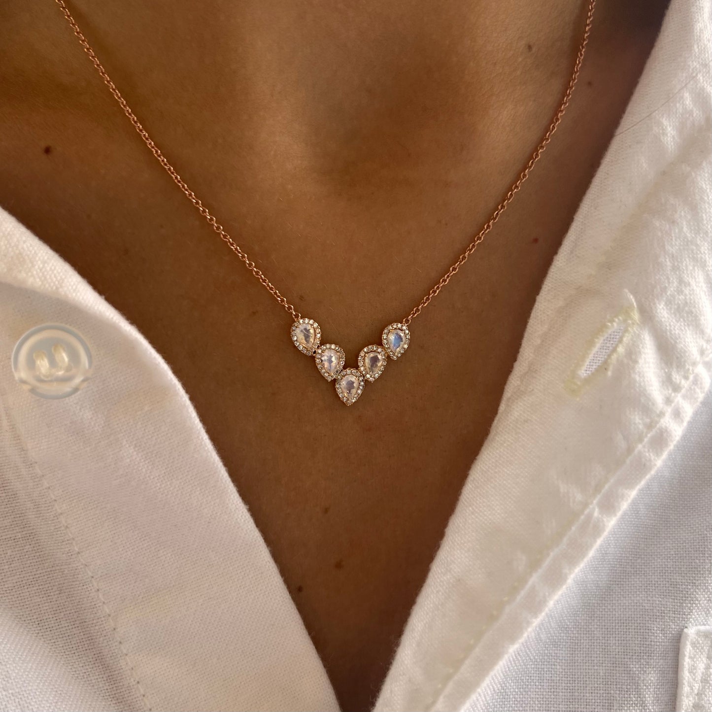 Pear Moonstone & Diamond Halo V Necklace