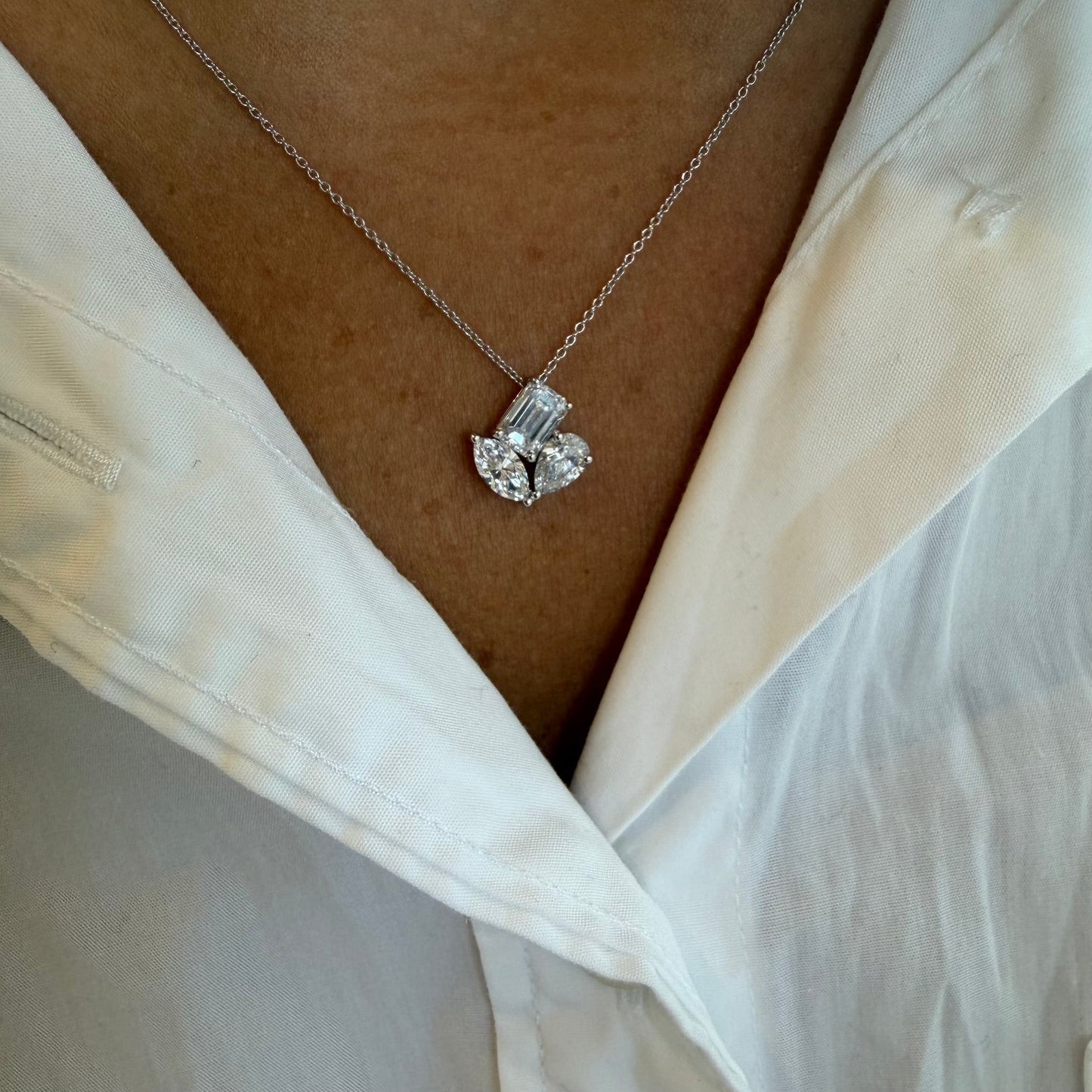 3 Stone Mixed Shape Lab Diamond Pear, Marquee, & Emerald Necklace