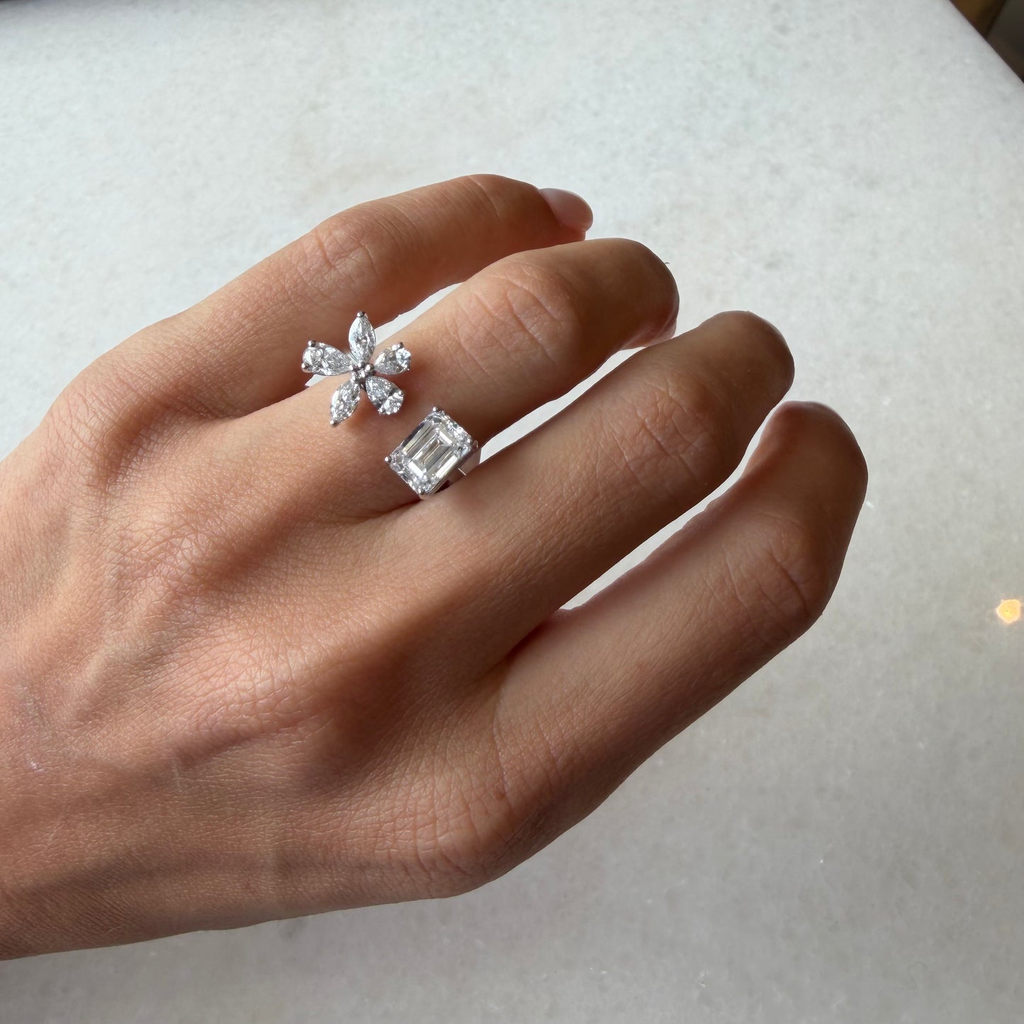 Lab Diamond Flower & Emerald Cut Open Ring
