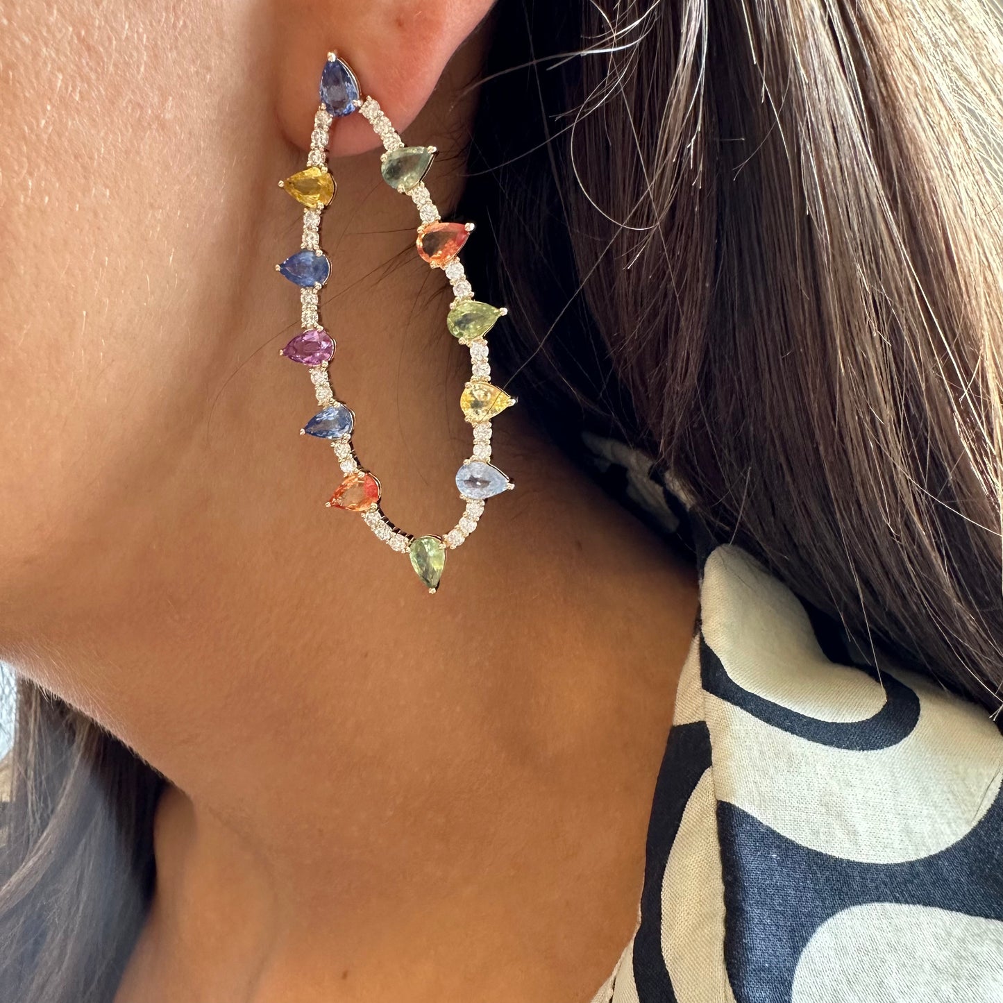 Colored Pear Sapphire & Oval Diamond Drop Earrings