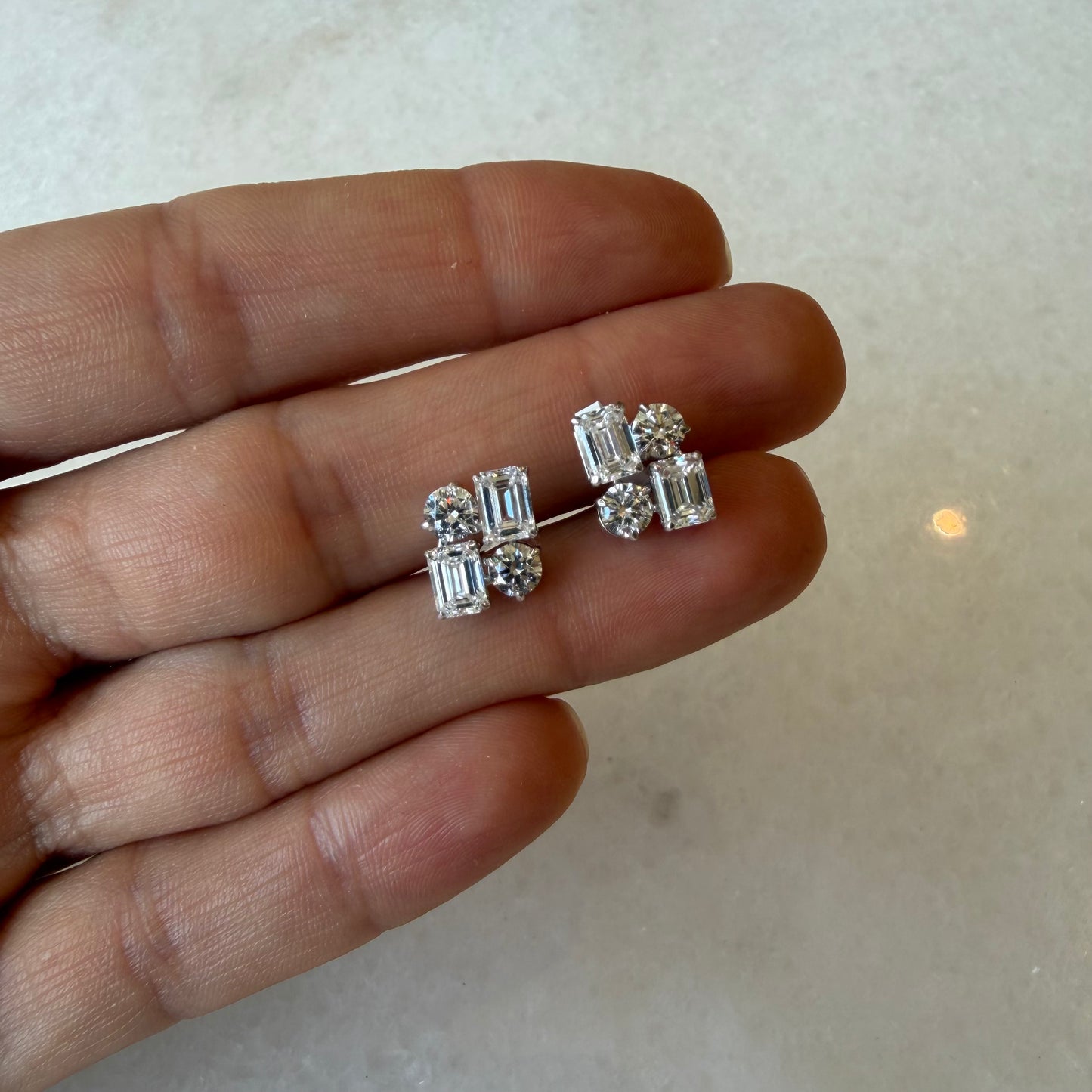 Round & Emerald Lab Diamond 4 Stone Cluster Earrings