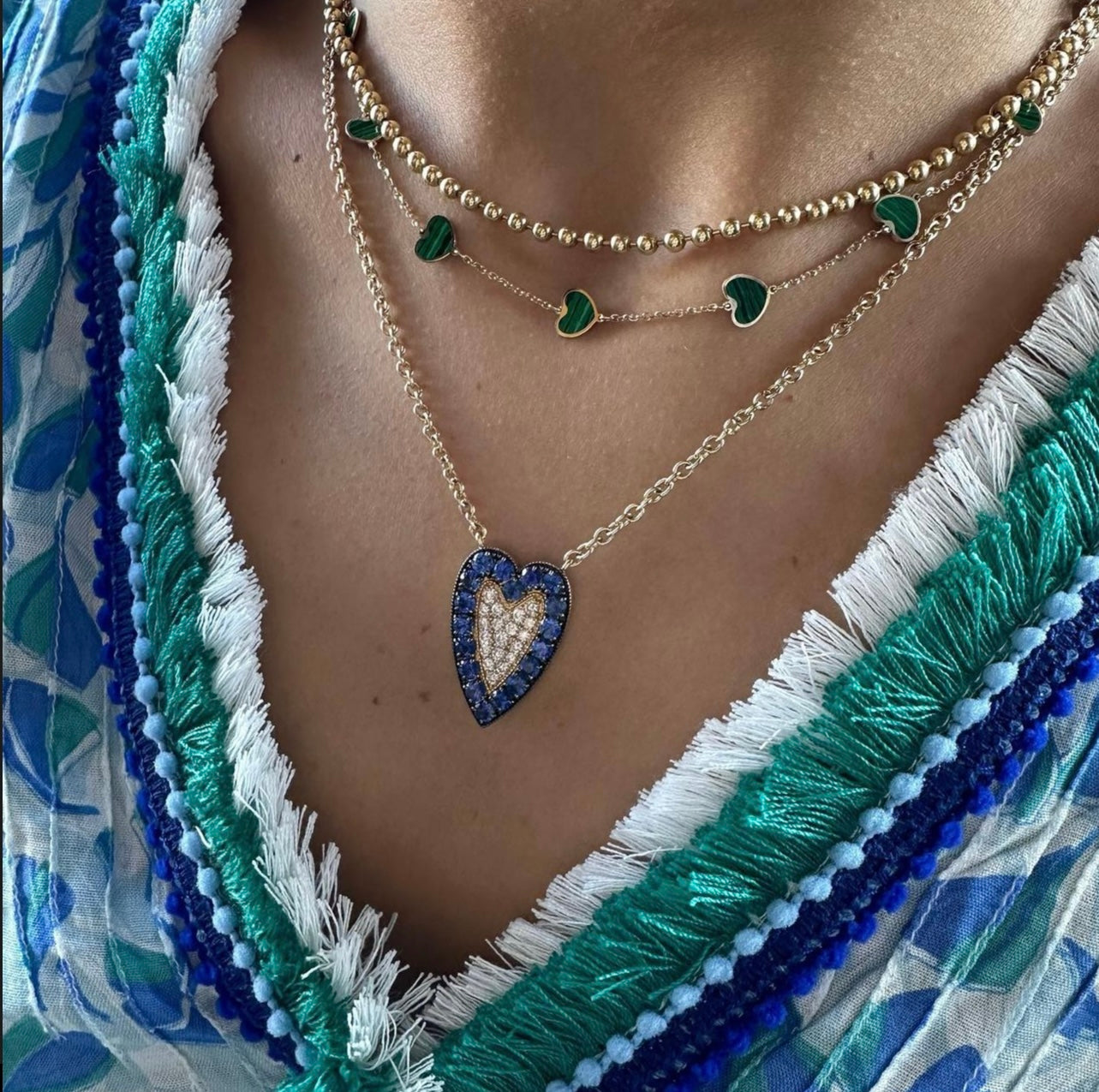 Blue Sapphire & Diamond Elongated Heart on Chunky Chain Necklace