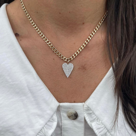 Pave Diamond Heart On Cuban Chain Necklace