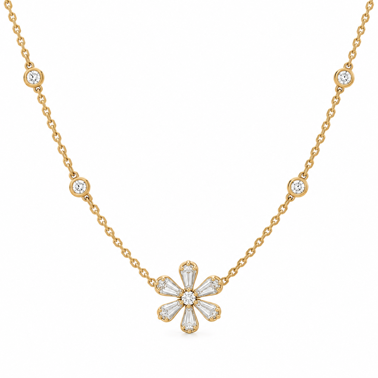 6 Petal Baguette Flower & 4 Station Bezel Diamond  Necklace