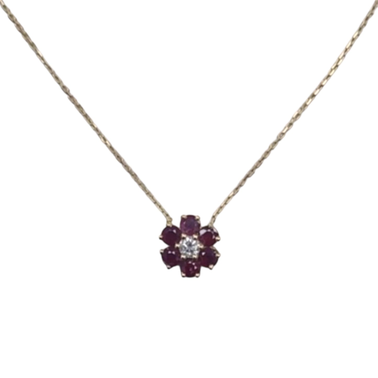 Ruby and Diamond Cluster Flower Necklace
