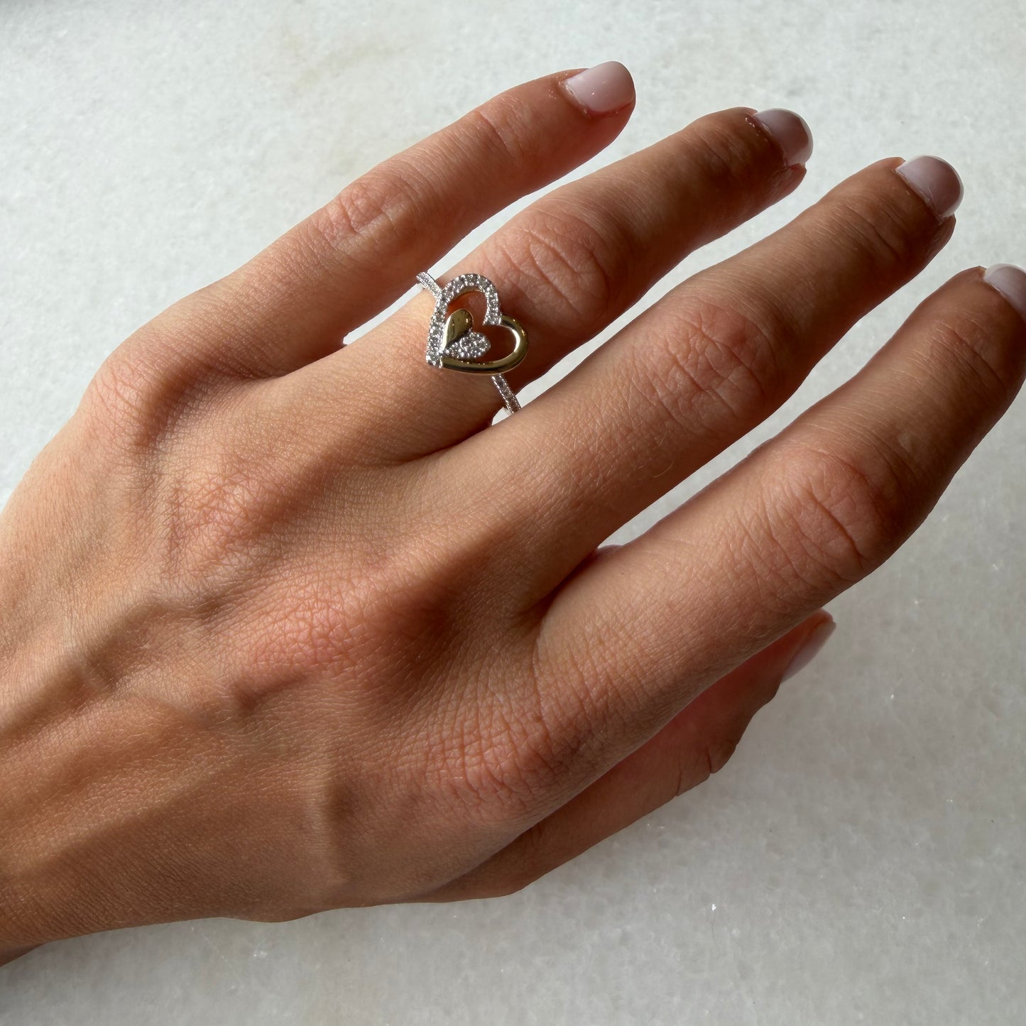 Half Diamond Half Gold Dainty Heart Ring (Larger Size)