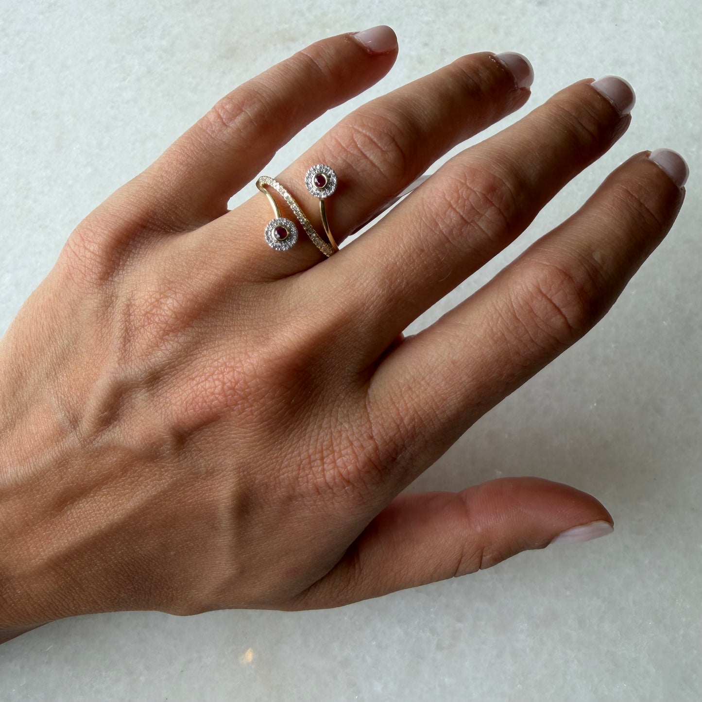 Pave Diamond Ring With Two Diamond & Ruby Discs