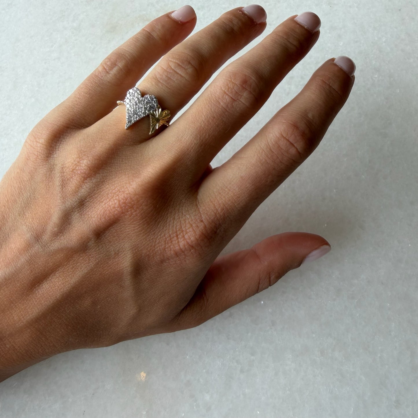 Double Heart Diamond & Fluted Gold On Ball Chain Ring