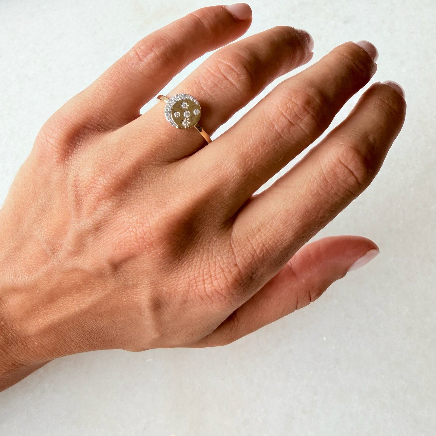 Gold Disc Ring W Moon & Star Diamonds