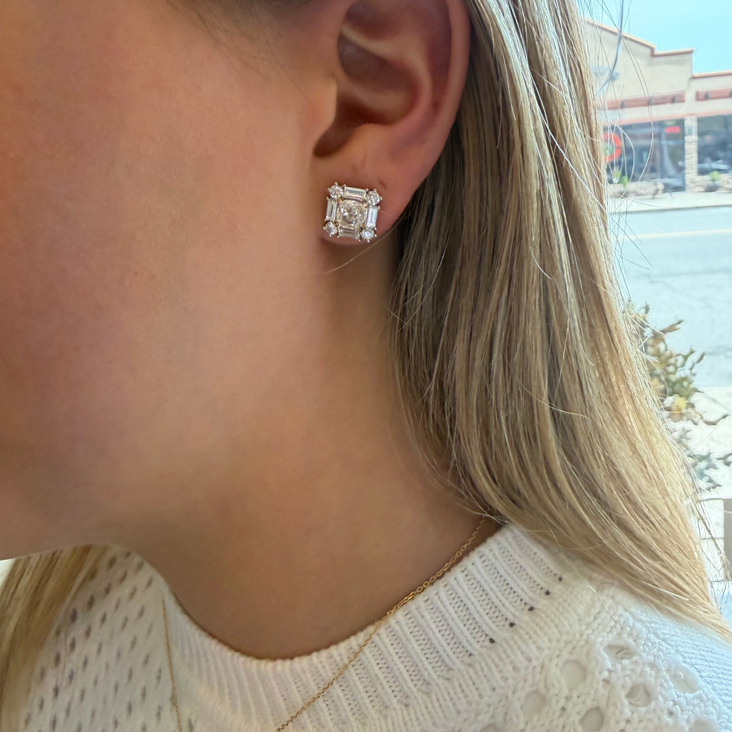 Art Deco Lab Diamond Cluster Earrings with Square Center & Baguette Halo
