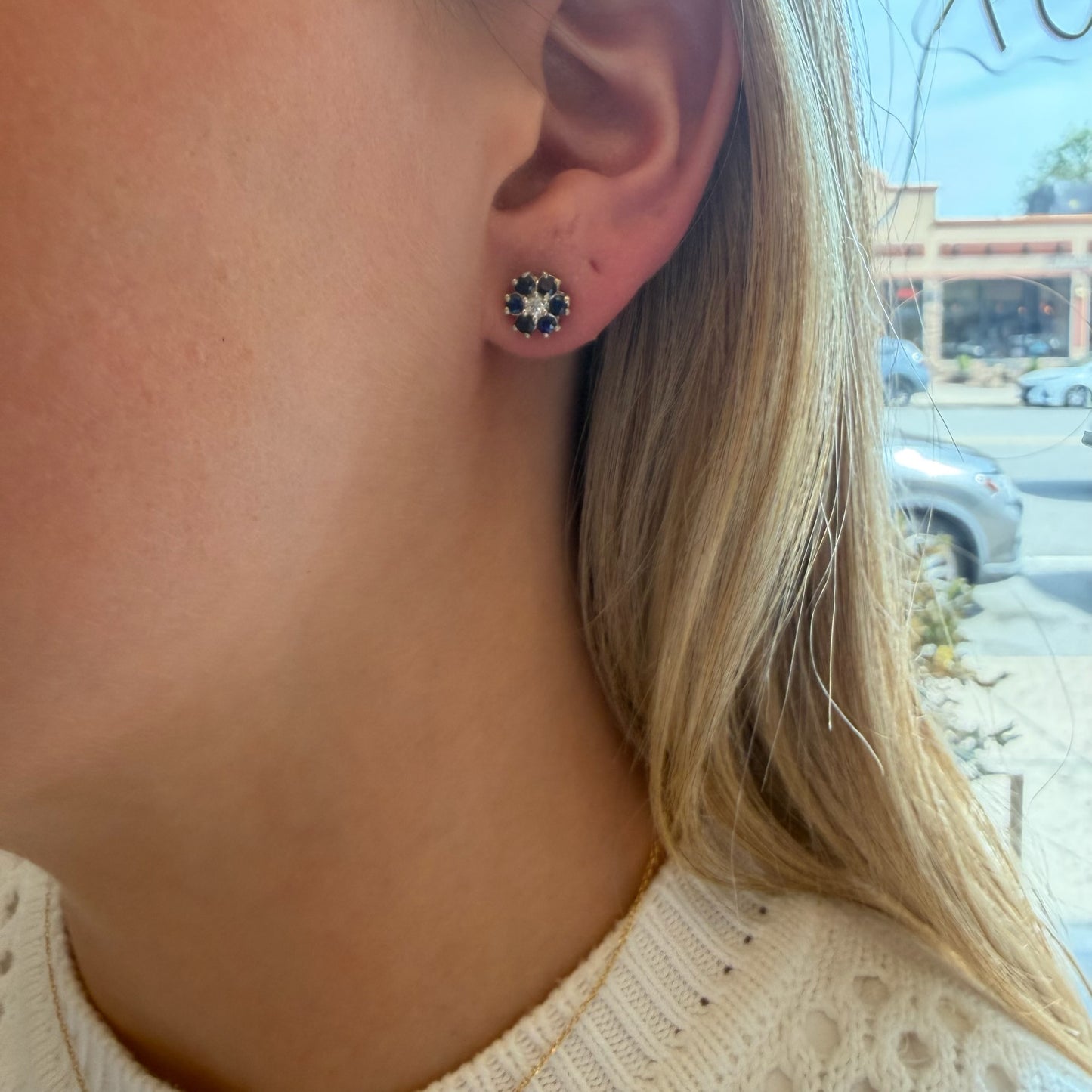 Diamond & Blue Sapphire Flower Earrings