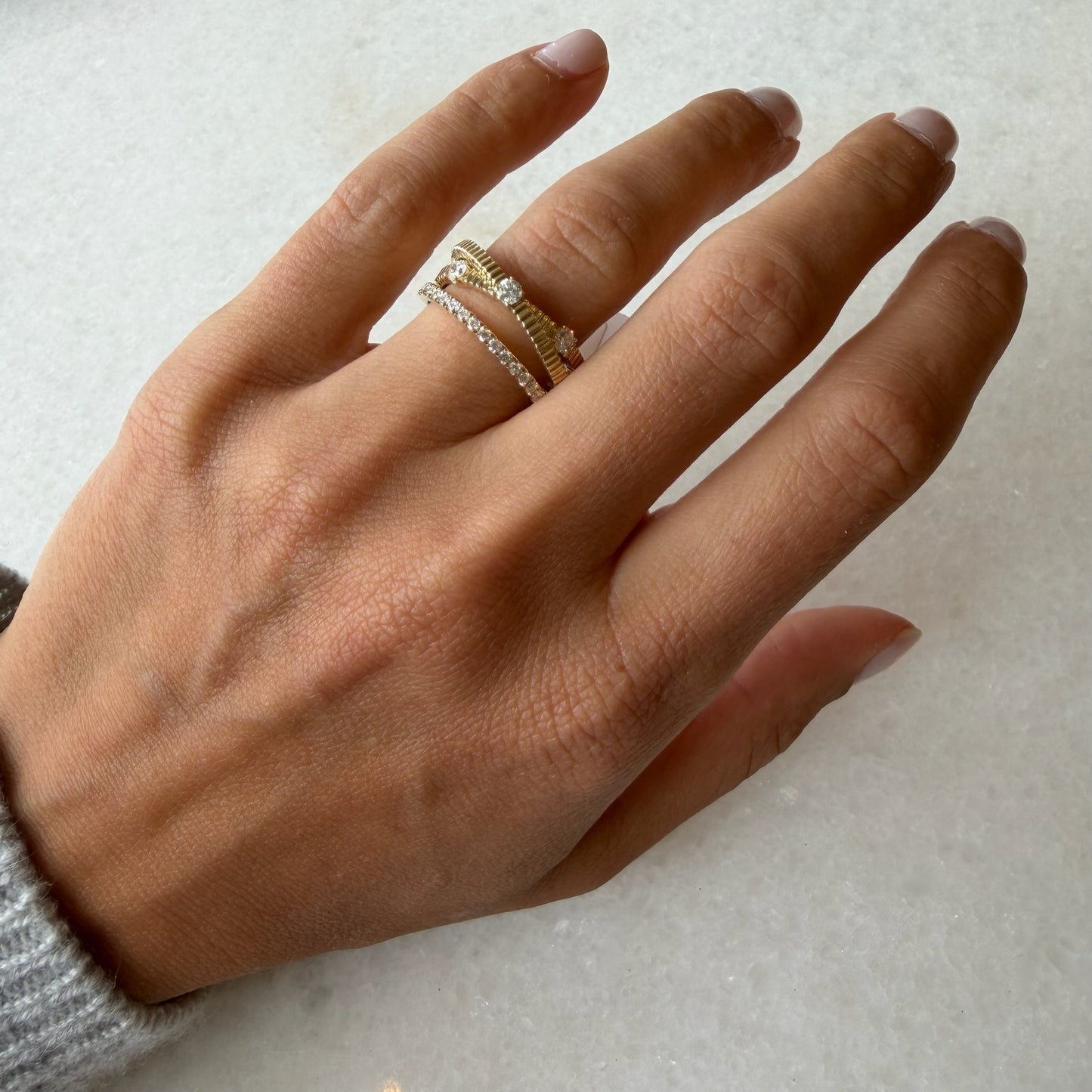 Triple Row Diamond & Fluted Gold Ring