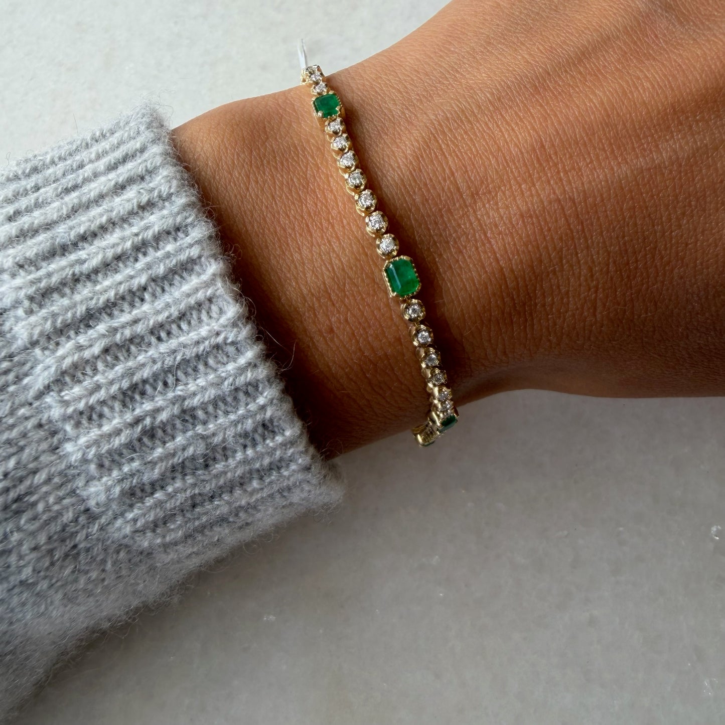 Diamond Tennis Bracelet With 7 Station Emeralds