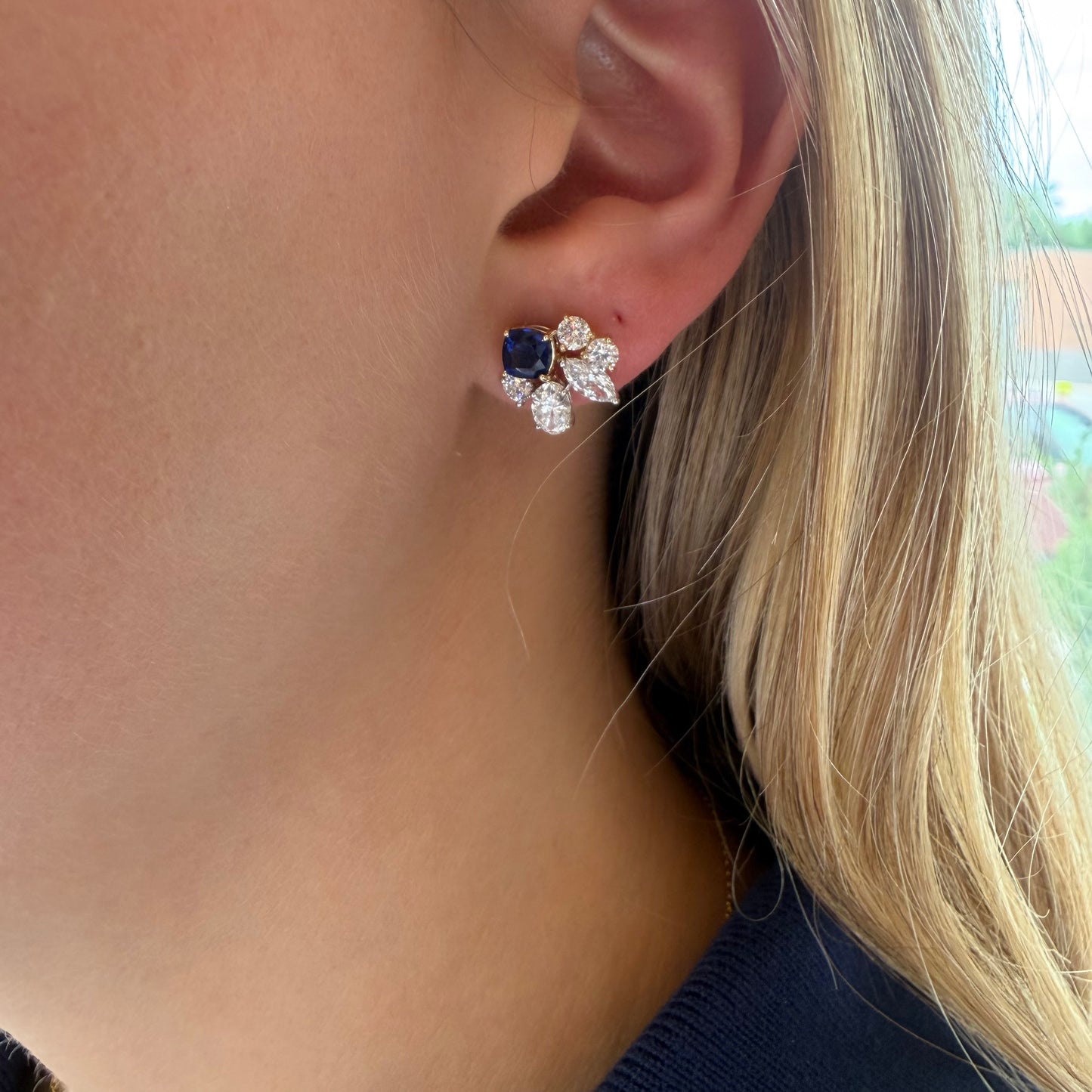 Lab Diamond Mixed Shape & Blue Sapphire Cluster Earrings