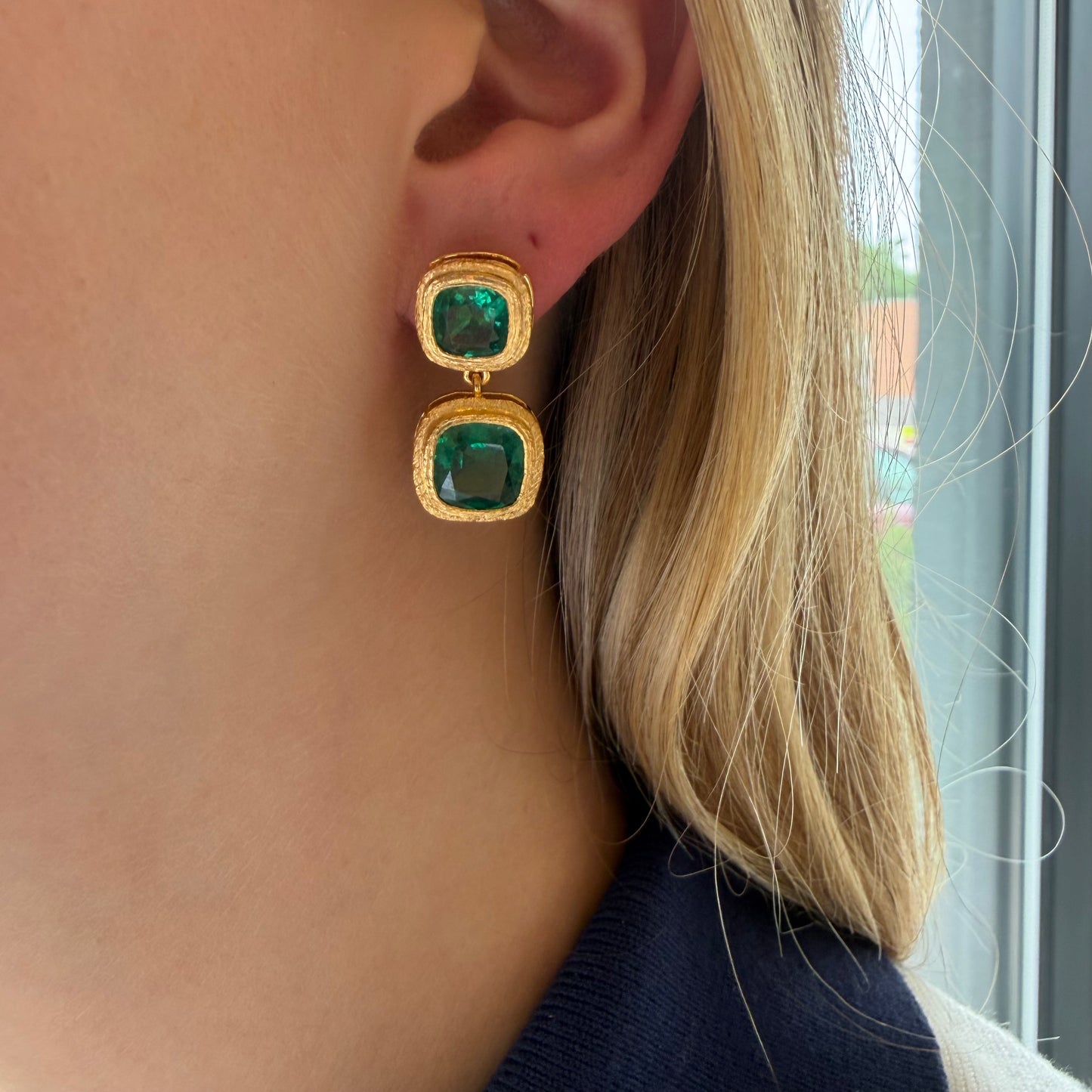 2 Cushion Lab Grown Emeralds & Double Bezel Hanging Earring