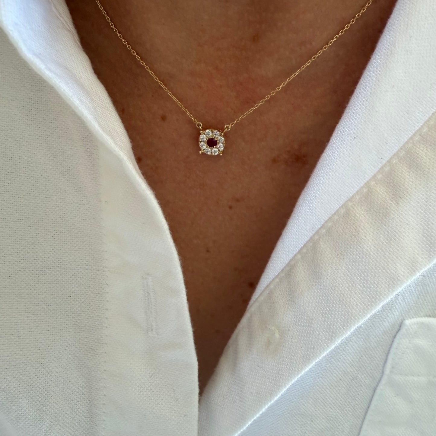 Cluster Ruby & Diamond Disc Necklace - 0.20 Carats