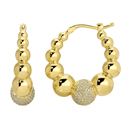 Graduated Gold Beaded Pave Diamond Hoops