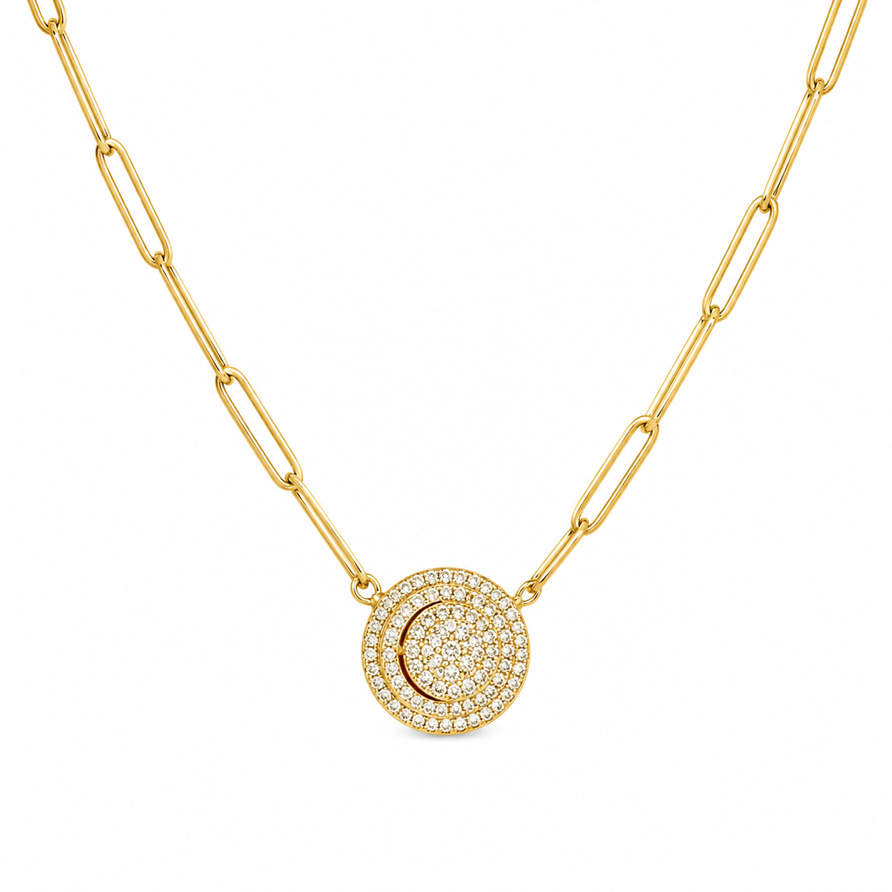 Double Halo Diamond Disc on Paperclip Chain Necklace