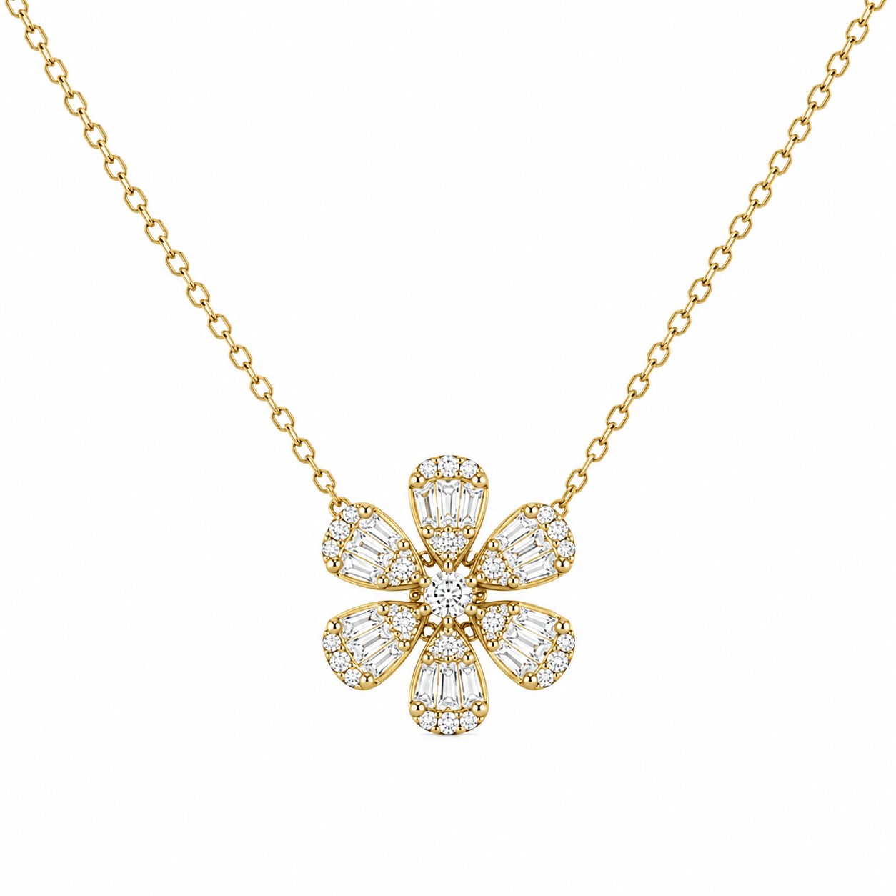 6 Petal Baguette Diamond Flower Necklace