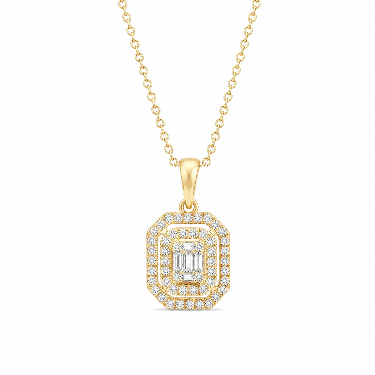 Baguette Diamond Double Halo Square Pendant Necklace