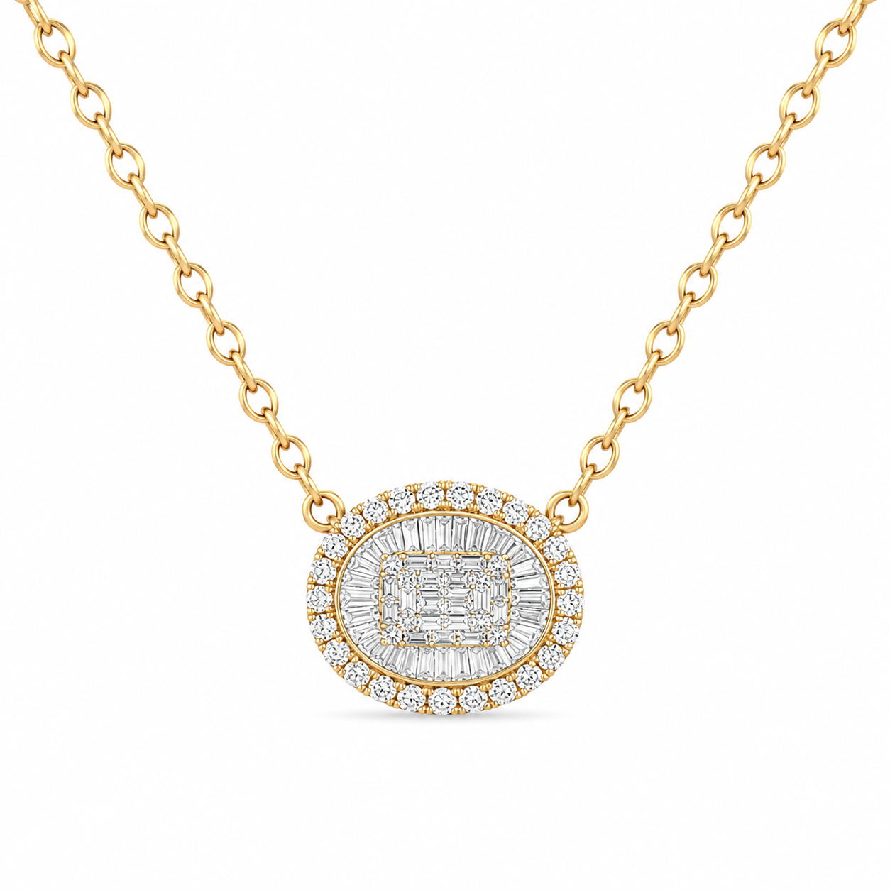 Baguette Diamond Oval Cluster Halo Necklace on Rolo Chain
