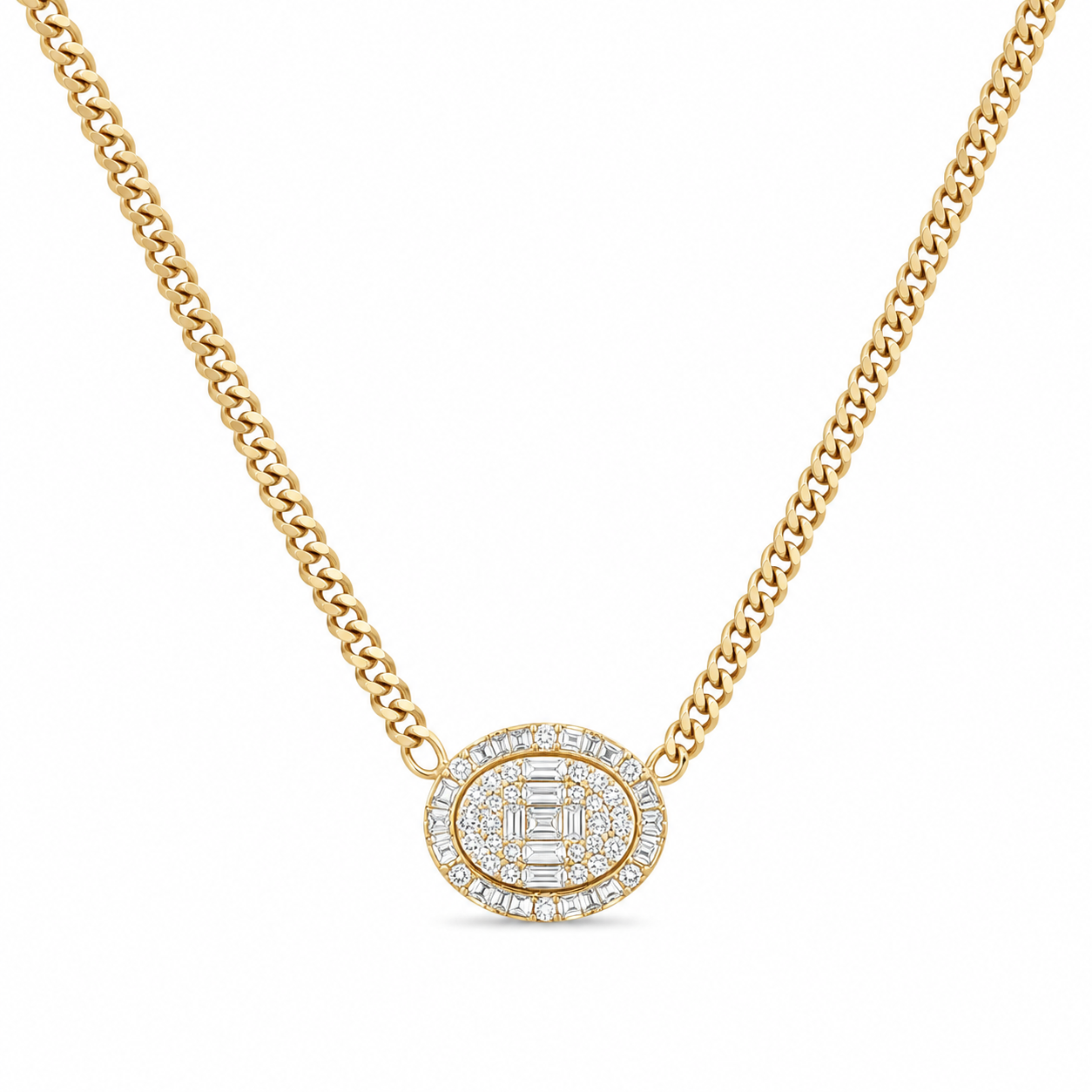 Diamond & Baguette Oval Halo Cuban Chain Necklace