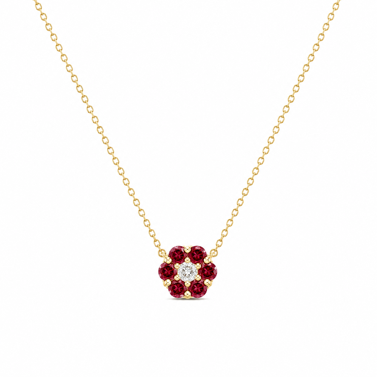 Ruby and Diamond Cluster Flower Necklace