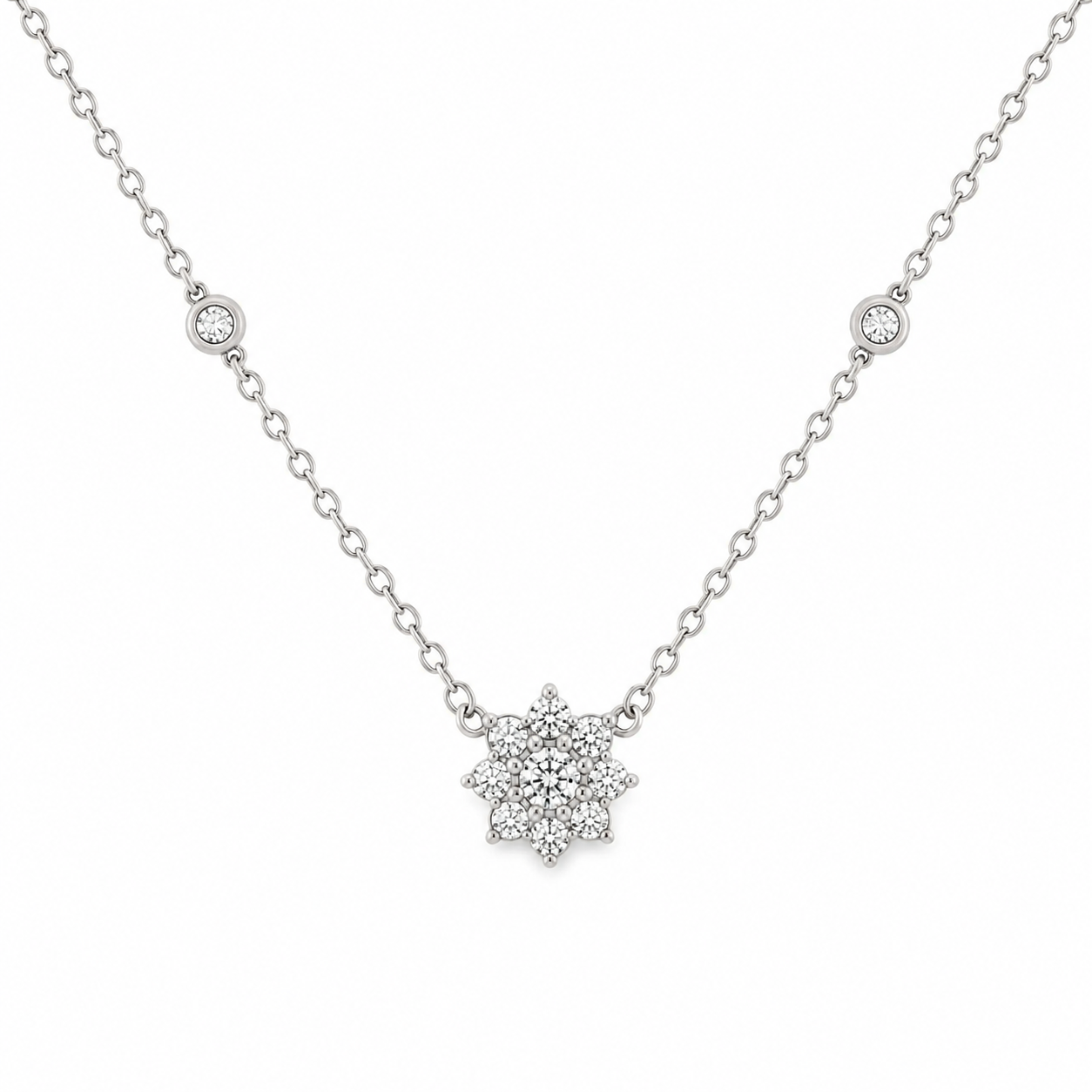Diamond Flower & 4 Station Bezel Diamond Necklace
