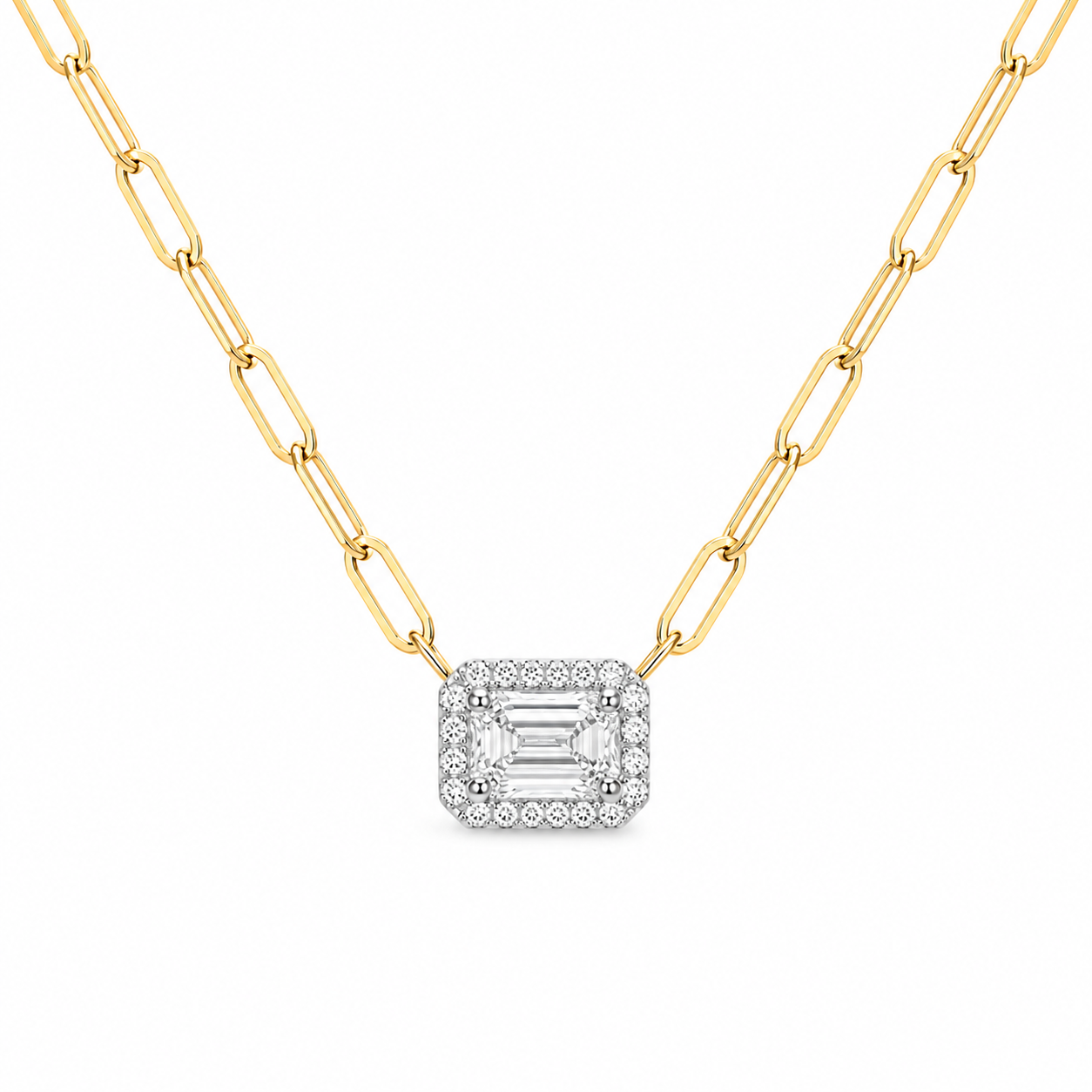 Lab Diamond Emerald Halo on Paperclip Necklace